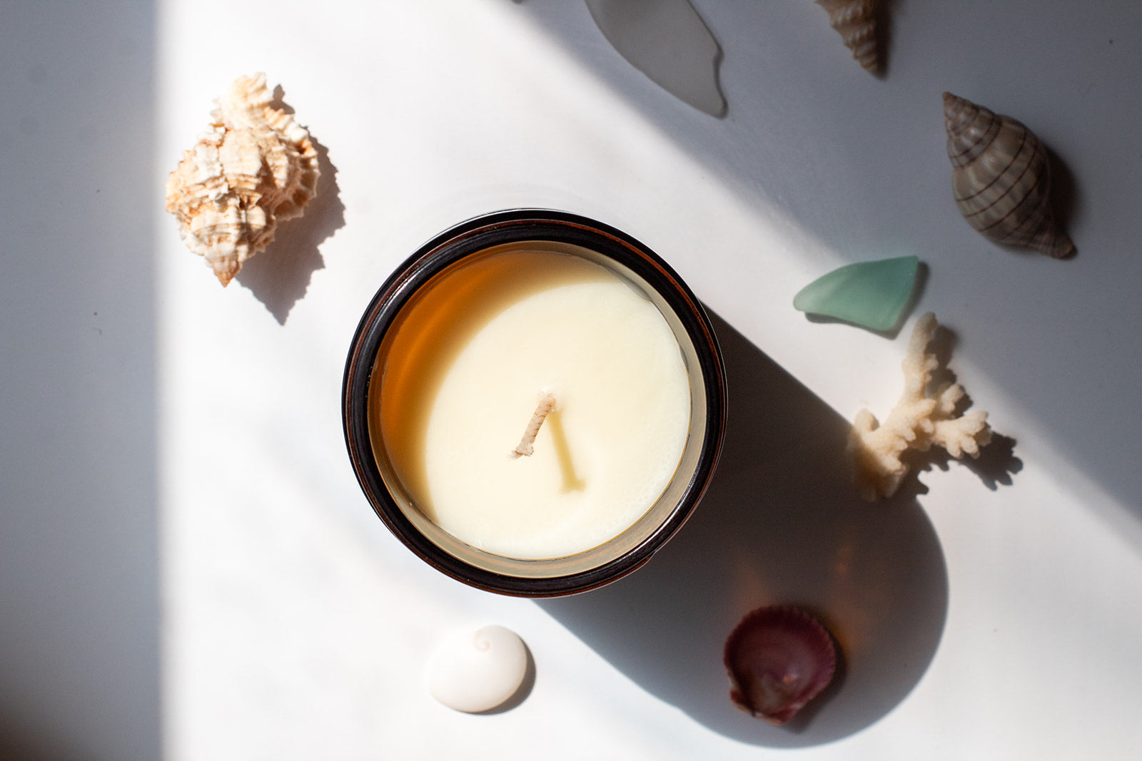 Beach soy-based candle flat lay with shells.