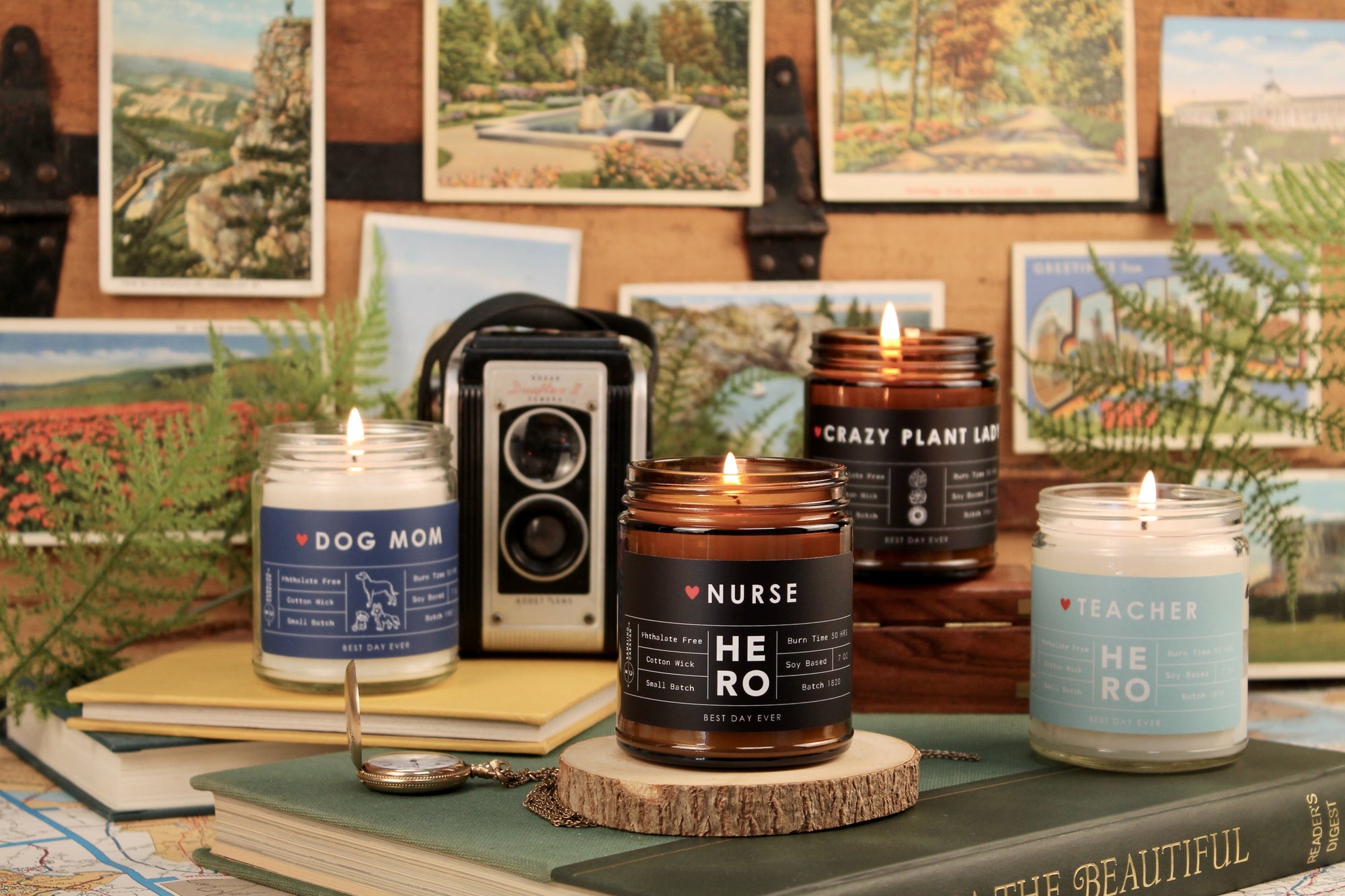 Hero candle grouping with labels for Nurse, Dog Mom, and Teacher.