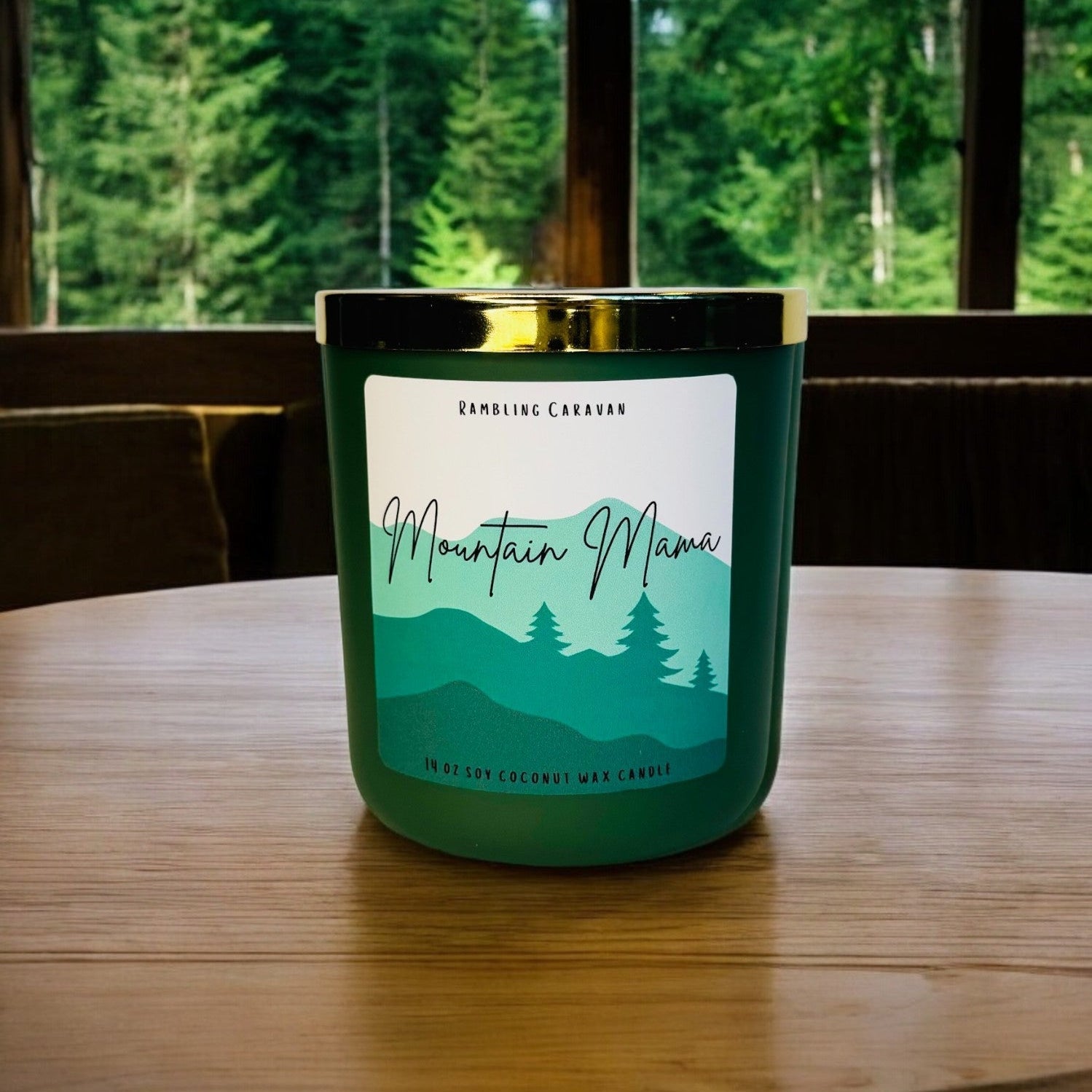 Great Smoky Mountains, Tree Hugger, and Mountain Mama candles lit with moss and rocks around them.