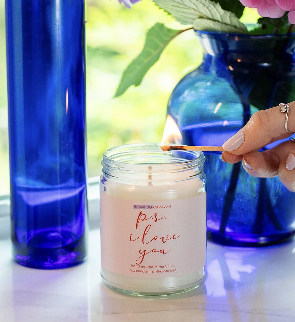P.S. I love you candle being lit with match.